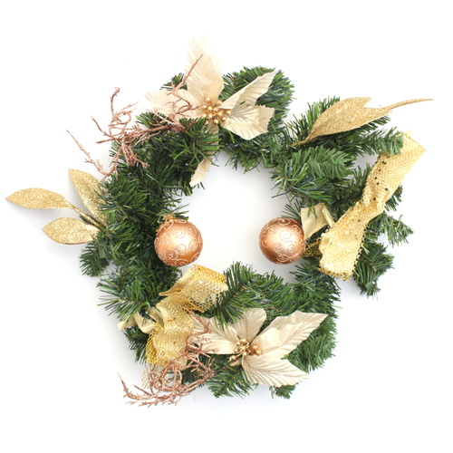 31cm 12" Christmas Door Wreath w Gold Poinsettia & Glitter Leaves Decoration