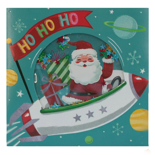 5x Luxury Christmas Cards w Glitter Sequins 3D Embellishments Deluxe Xmas [Design: Santa Spaceship]