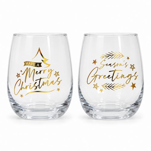 Christmas Wine Tumblers Set of 2 Stemless Glasses Xmas Kris Kringle Gift [Design:Gold Greetings]