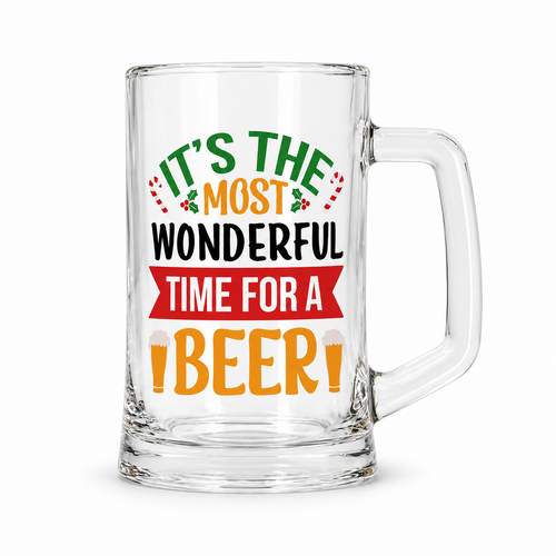 Christmas Beer Mug Glass Handle Xmas Novelty Kris Kringle Gift Beer Lover 13cm