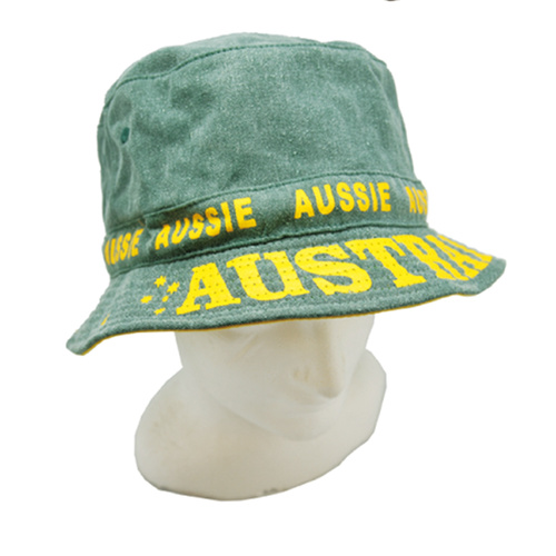 Australian Buckt Hat 100% Cotton Australia Day Aussie Summer Sum Cap 3 Sizes [Size: 58cm] [Design: Green & Gold]