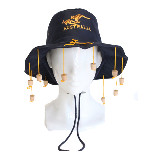 Australian Cork Hat Cotton Souvenir Adult Crocodile Dundee Fancy Dress Costume [Design: Navy w gold embroidery] [Size: 58cm]