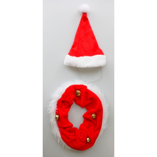 2pc Pet Dog Cat Christmas Outfit Hat & Collar Set Elastic Lace Costume XMAS [Design: Fur Collar w Bells]