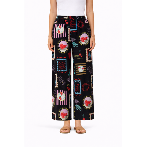 Bella Vie Womens Linen Blend Wide Leg Ankle Length Pants Elastic Waist Pockets [Size: 8] [Design:Black/Aperitivo]