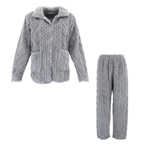 Women's Fleece Loungewear 2pc Set Button-Up Jacket Pants Warm Pajamas Sleepwear [Size: 10] [Colour: Grey]