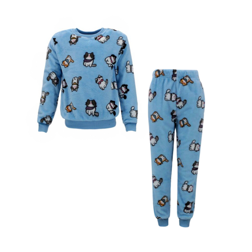 FIL Kids Plush 2pc Set Pyjama Loungewear Fleece Pajamas PJs Sleepwear w Prints [Size: 14] [Colour: Cats/Blue]