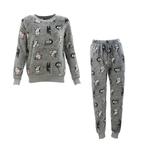 FIL Womens Plush 2pc Set Pyjama Loungewear Fleece Pajamas PJs Sleepwear w Prints [Size: 8] [Colour: Cats/Grey]