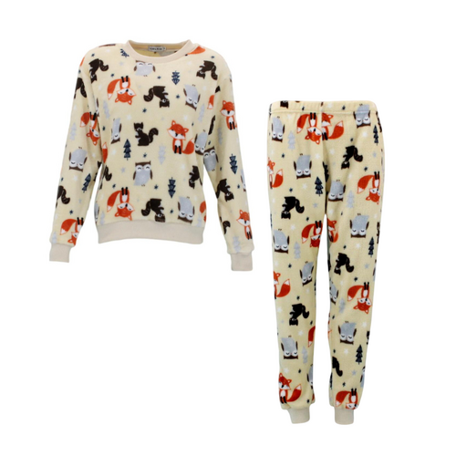 FIL Womens Plush 2pc Set Pyjama Loungewear Fleece Pajamas PJs Sleepwear w Prints [Size: 8] [Colour: Forest Animals/Cream]