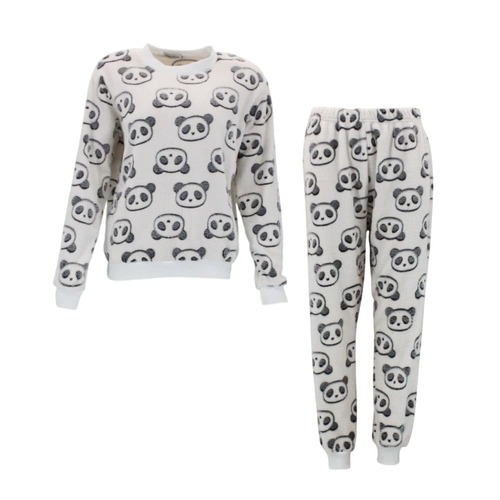 FIL Womens Plush 2pc Set Pyjama Loungewear Fleece Pajamas PJs Sleepwear w Prints [Size: 8] [Colour: Panda/Off White]