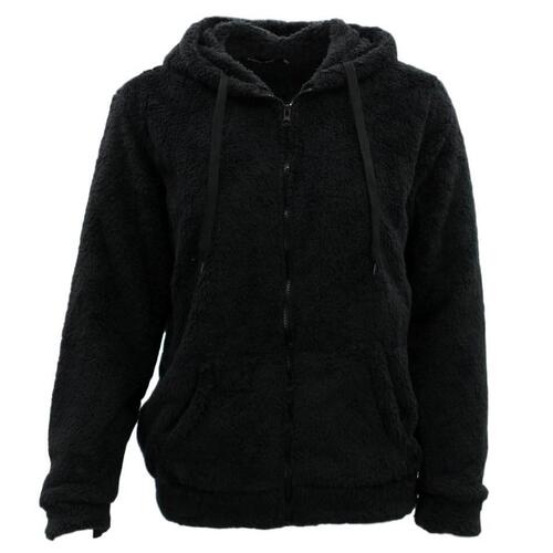FIL Women's Teddy Fur Jacket Fleece Hoodie Zip Up Soft Winter Sherpa Fluffy Coat [Size: 8] [Colour: Black]