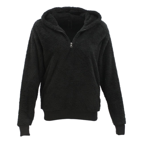 FIL Women's Teddy Fur Half Zip Jacket Fleece Hoodie Soft Sherpa Fluffy Pullover [Size: 8] [Colour: Black]