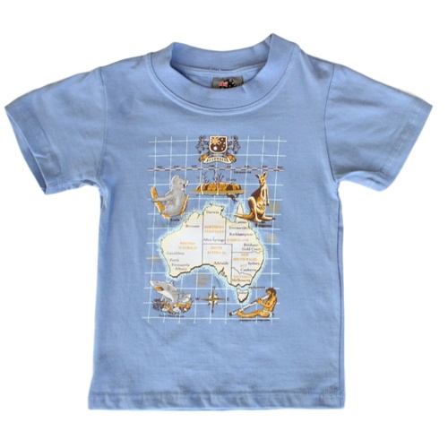 Kids Baby T Shirt Australian Australia Souvenir Cotton Sz 0-14 – Vintage Map [Size: 12] [Colour: Sky Blue]