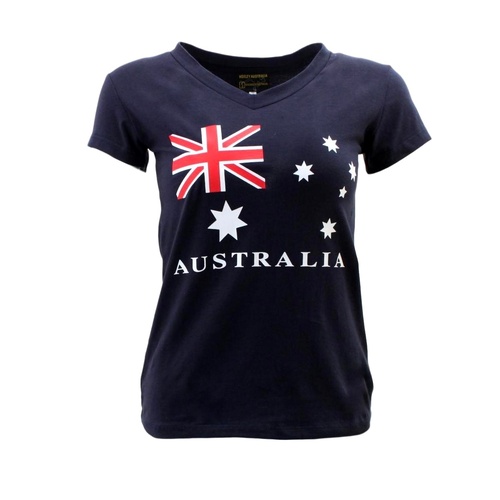 Womens Ladies Cotton T Shirt Australian Australia Souvenir  V Neck – Flag Navy [Size: S]