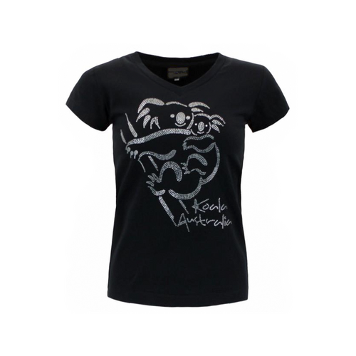 Womens Ladies T Shirt Australian Australia Souvenir w Rhinstone Cystal – Koala [Size: L] [Colour: Black]