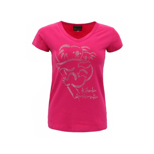 Womens Ladies T Shirt Australian Australia Souvenir w Rhinstone Cystal – Koala [Size: XXL] [Colour: Hot Pink]