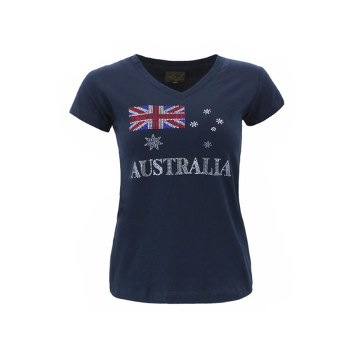 Womens Ladies T Shirt Australian Australia Souvenir w Rhinestone Crystal – Flag [Size: S] [Colour: Navy]