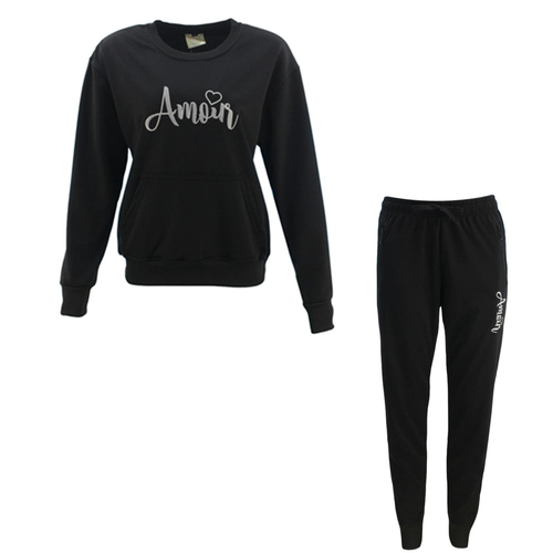 FIL Women's Tracksuit 2pc Set Loungewear Jumper Track Pants Embroidered - Amour [Size: 8] [Colour: Black]