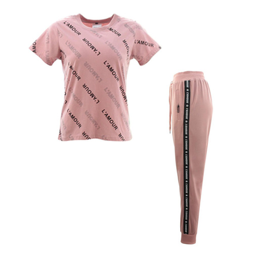 Women's 2pc Summer T-Shirt Track Pants Set Outfit Casual Loungewear - L'AMOUR [Size: 8] [Colour: Dusty Pink]