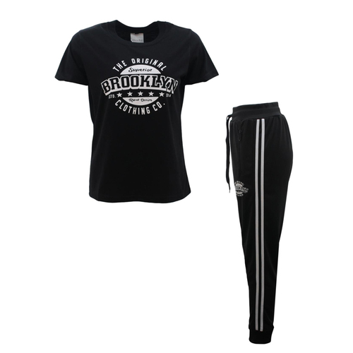 Women's 2pc Summer T-Shirt Track Pants Set Outfit Casual Loungewear - BROOKLYN [Size: 8] [Colour: Black]