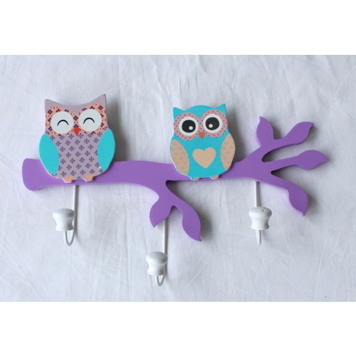 Kids Nursery Bathroom Room Decor Hanging Owl 3 Hook Wall Wooden Hanger  [Color: Purple] 