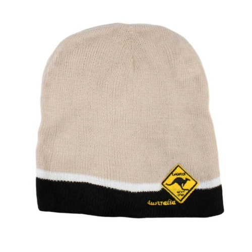 Australian Souvenir Unisex Beanie Womens Ski Winter Warm Hat Cap Australia Flag [Design: Australia - Road Sign (Cream)]