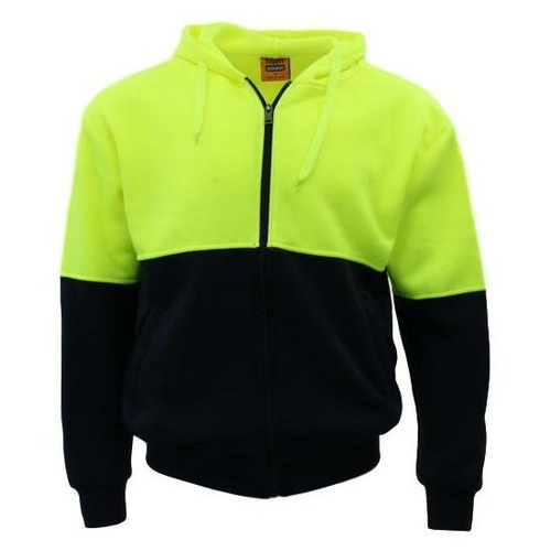 Hi-Vis Hooded Safety Workwear Fleece-lined Fleecy Full Zip Jumper Hoodie Jacket [Size: M] [Colour: Fluro Yellow/Navy]