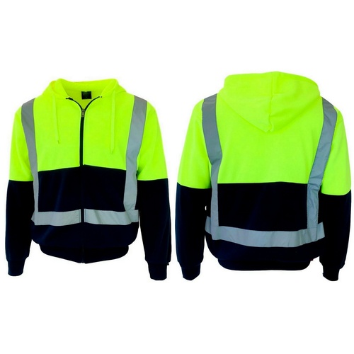 HI VIS Hoodie Jacket w Reflective Tape Fleece lined Zip Jumper Safety Workwear [Colour: Lime] [Size: L]