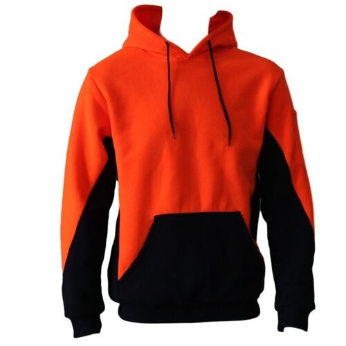 Hi Vis Fleecy Fleece Hoodie Pullover w Kangaroo Pockets & Arm Pen & Phone Pocket [Size: XS] [Colour: Fluro Orange/Navy]