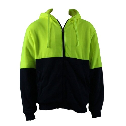 Hi Vis Safety Workwear Full Zip Thick Winter Sherpa Fleece Hoodie Jumper Jacket [Size: L] [Colour: Fluro Yellow/Navy]