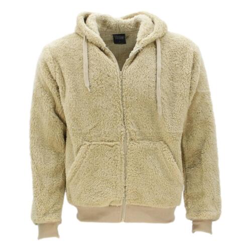 Mens Unisex Soft Fluffy Teddy Fur Zip Up Hooded Jacket Hoodie Sherpa Fleece Coat [Size: S] [Colour: Sand]