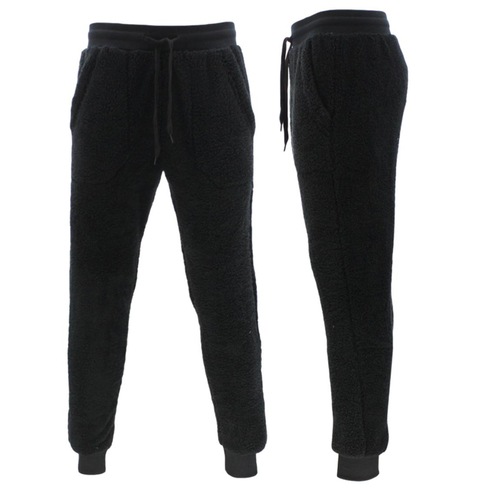 Men's Women's Sherpa Fur Pants Lounge Fleece Sleepwear Fluffy Trousers Winter [Size: S] [Colour: Black]