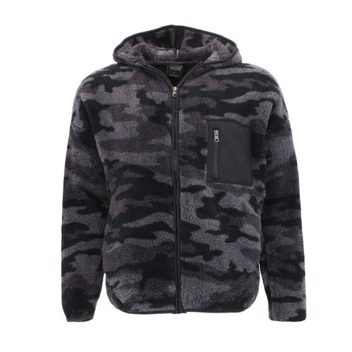 Men's Soft Fluffy Camouflage Teddy Fur Zip-Up Hooded Jacket Hoodie Sherpa Fleece Coat [Size: XS] [Colour: Grey Camo]