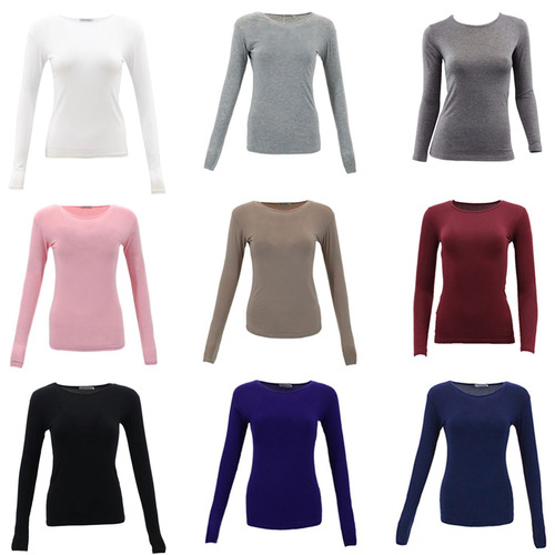 NEW Women's Long Sleeve Crew Neck Soft Stretch Plain Colours Basic Tee T-Shirt [Colour: Black] [Size: 10] 