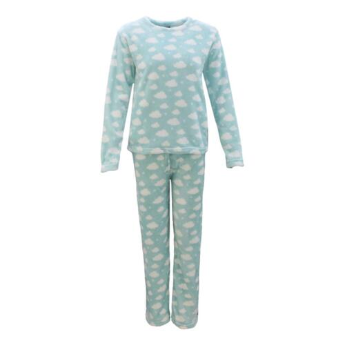 Women's Supersoft Pyjama Plush Loungewear Fleece Sleepwear Pajamas Set Winter PJ [Size: 8] [Design: Blue with Clouds (Pullover)]