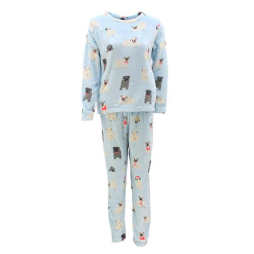 Women's Supersoft Pyjama Plush Loungewear Fleece Sleepwear Pajamas Set Winter PJ [Size: 12] [Design: Blue w Pugs (Pullover)]