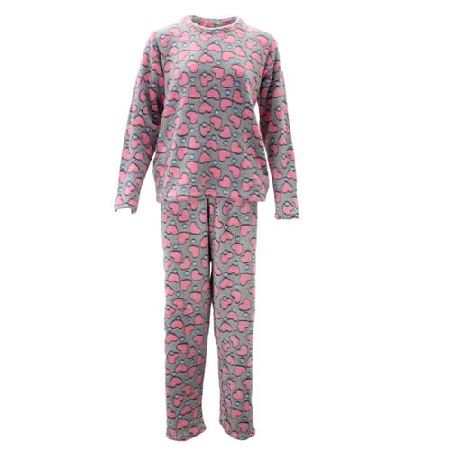 Women's Supersoft Pyjama Plush Loungewear Fleece Sleepwear Pajamas Set Winter PJ [Size: 14] [Design: Grey w Pink Hearts (Pullover)]