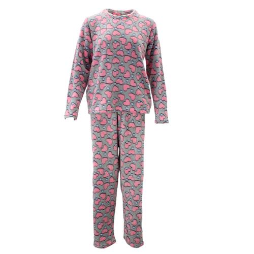 Women's Supersoft Pyjama Plush Loungewear Fleece Sleepwear Pajamas Set Winter PJ [Size: 8] [Design: Grey w Pink Hearts (Pullover)]