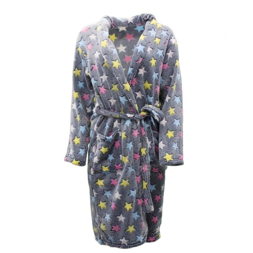 Ladies Girls Soft Fleece Bath Robe Printed Bathrobe Dressing Gown [Size: 8] [Colour: Grey w Neon Stars]