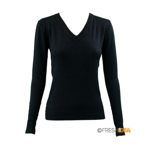 Women's Ladies Knitted V Neck Jumper Sweater Knitwear Pullover Fine Cotton Blend [Size: 10] [Colour: Black]