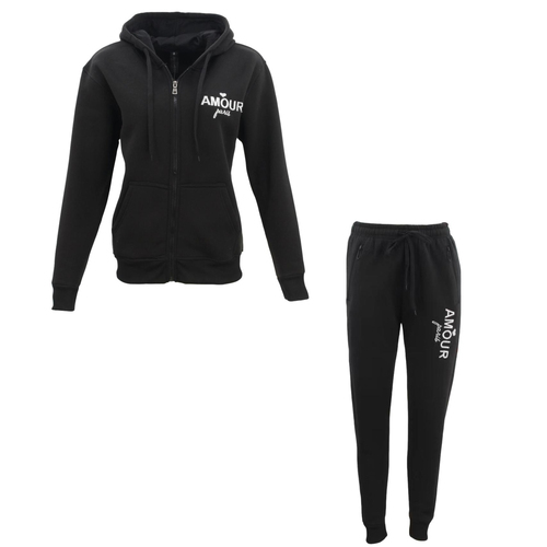 FIL Womens Zip Fleece Tracksuit 2pc Set Hoodie Loungewear Track Pants AMOUR Paris [Size: 8] [Colour: Black]