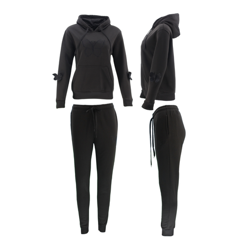FIL Women's Embroidered Fleece Tracksuit 2pc Set Hoodie Track Pants - Butterfly [Size: 8] [Colour: Black]