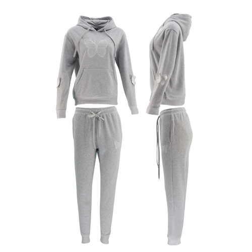 FIL Women's Embroidered Fleece Tracksuit 2pc Set Hoodie Track Pants - Butterfly [Size: 8] [Colour: Light Grey]