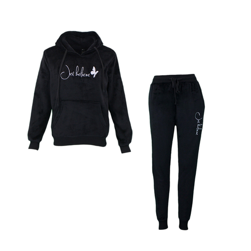 FIL Women's 2pc Set Hoodie Track Pants Loungewear Fleece Pajamas PJs - Believe [Size: 8] [Colour: Black]