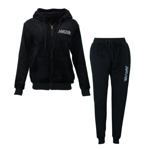 FIL Women's Zip 2pc Set Hoodie Track Pants Loungewear Fleece Pajamas PJs - Amour [Size: 8] [Colour: Black]