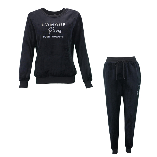 FIL Women's 2pc Set Loungewear Sleepwear Velvet Fleece Pajamas PJs - L'AMOUR [Size: 8] [Colour: Black]