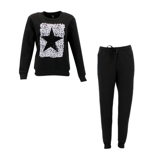 FIL Women's Fleece Tracksuit 2pc Set Loungewear Jumper Track Pants - Star [Size: 8] [Colour: Black]