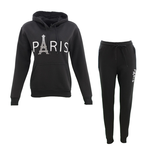FIL Women's Embroidered Fleece Tracksuit 2pc Set Hoodie Track Pants - PARIS [Size: 8] [Colour: Black]