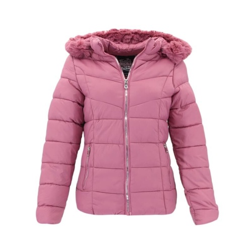 Women's Puffer Jacket Quilted Winter Coat Removable Hood Fur Trim [Size: L] [Colour: Dusty Rose]