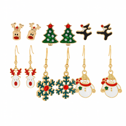 6 Pairs Christmas Earrings Set Party Jewellery Studs Dangle Crystal Xmas [Design: Set A]