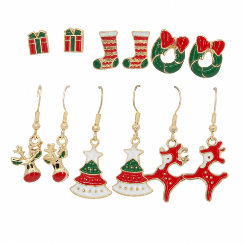 6 Pairs Christmas Earrings Set Party Jewellery Studs Dangle Crystal Xmas [Design: Set B]
